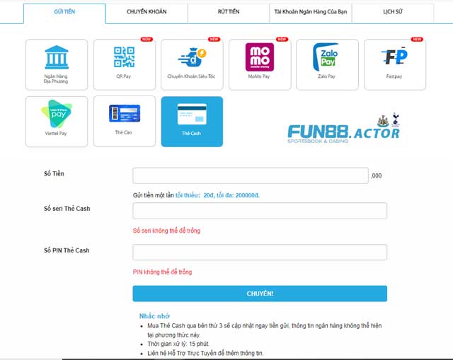 Cách gửi tiền Fun88 qua thẻ cash tiện lợi