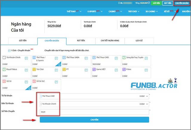 Chuyển tiền vào ví chính của Fun88