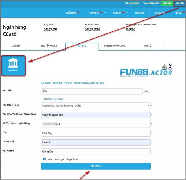 Điền thông tin vào form Fun88 rút tiền