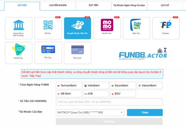 Nạp tiền Fun88 nhanh như chớp với chuyển khoản siêu tốc